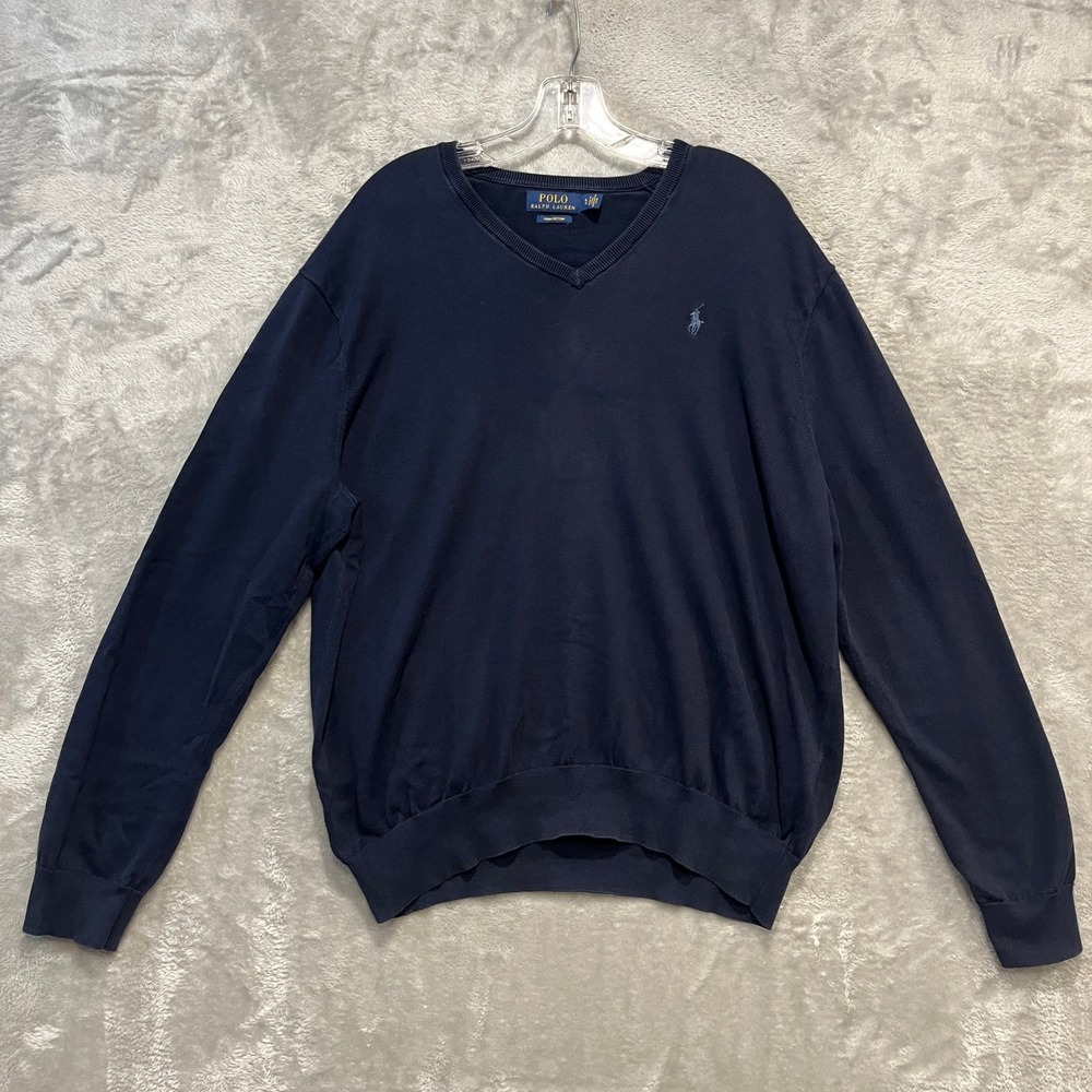 Polo Ralph Lauren Sweater Mens XL Navy Blue Pima Cotton V-Neck Pony Logo
